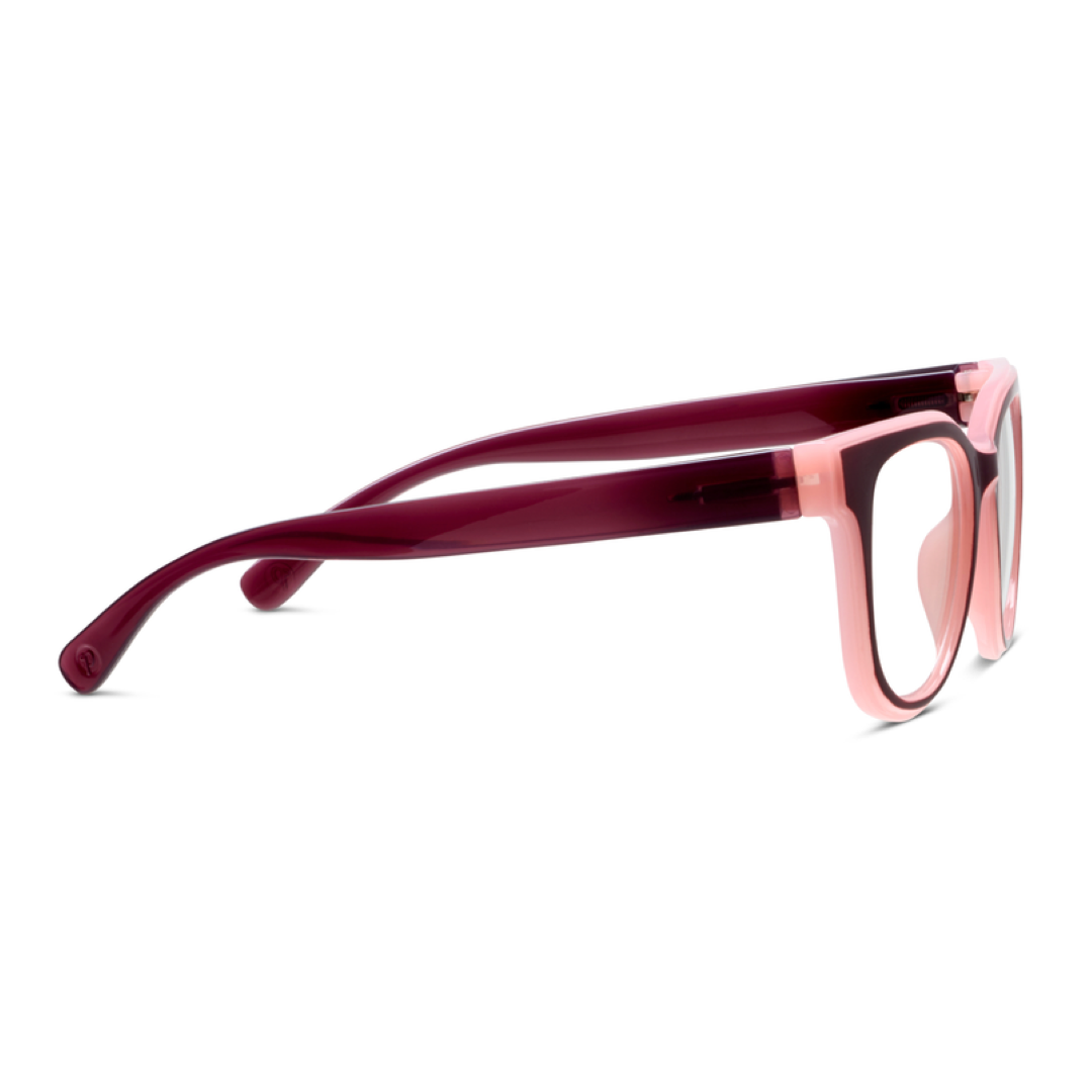 A pair of cat-eye style eyeglasses featuring translucent pink frames and deep burgundy temples, shown from a side profile on a white background.