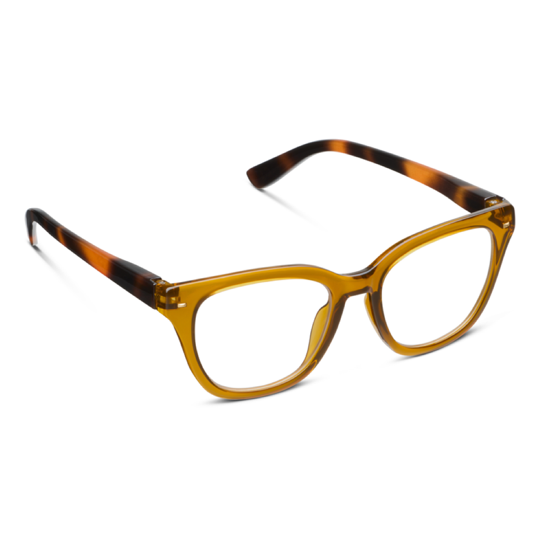 Retro-style square eyeglasses with translucent amber-yellow frames and dark brown tortoiseshell temples, shown on a clean white background.