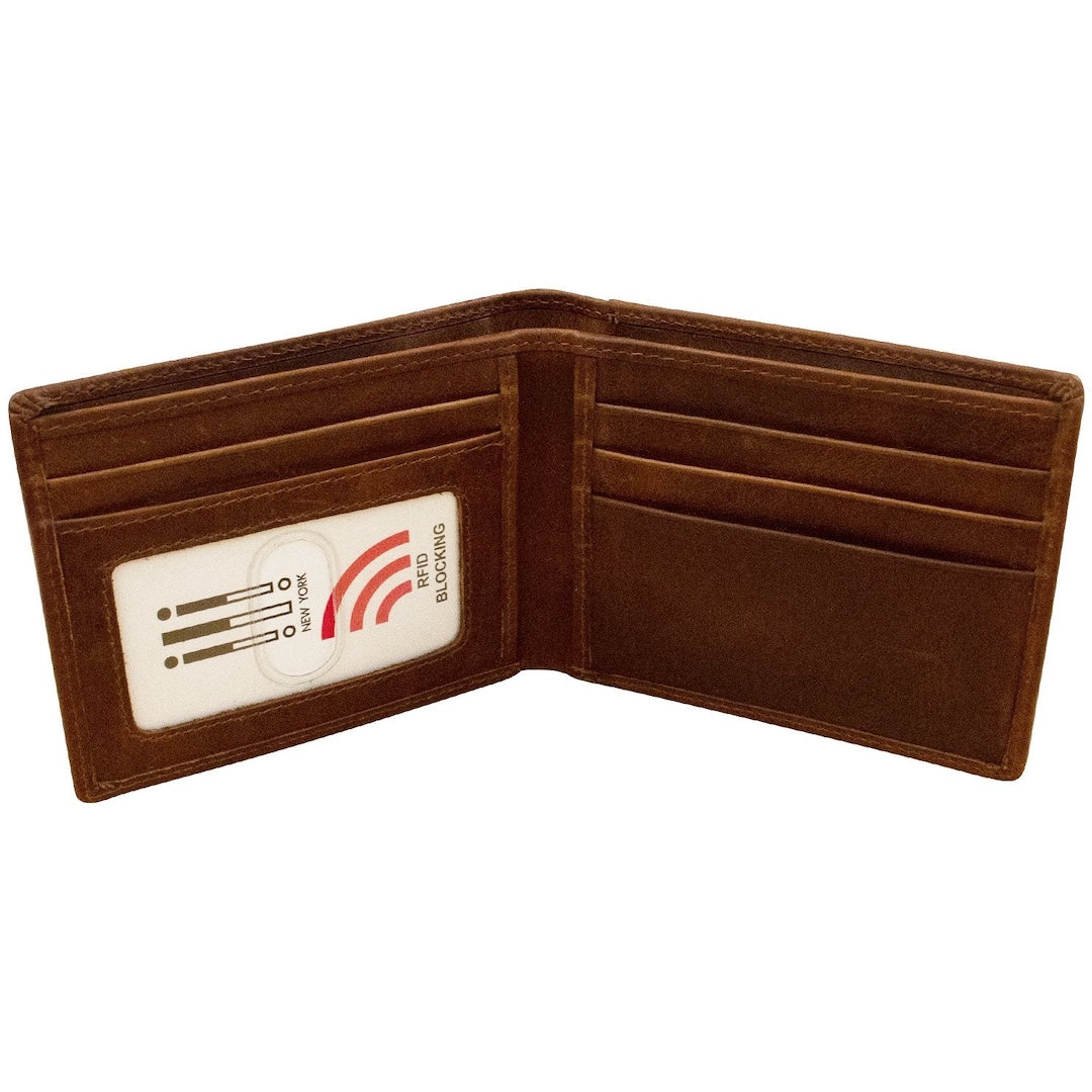 Black wallet with a card featuring RFID blocking technology on a white background