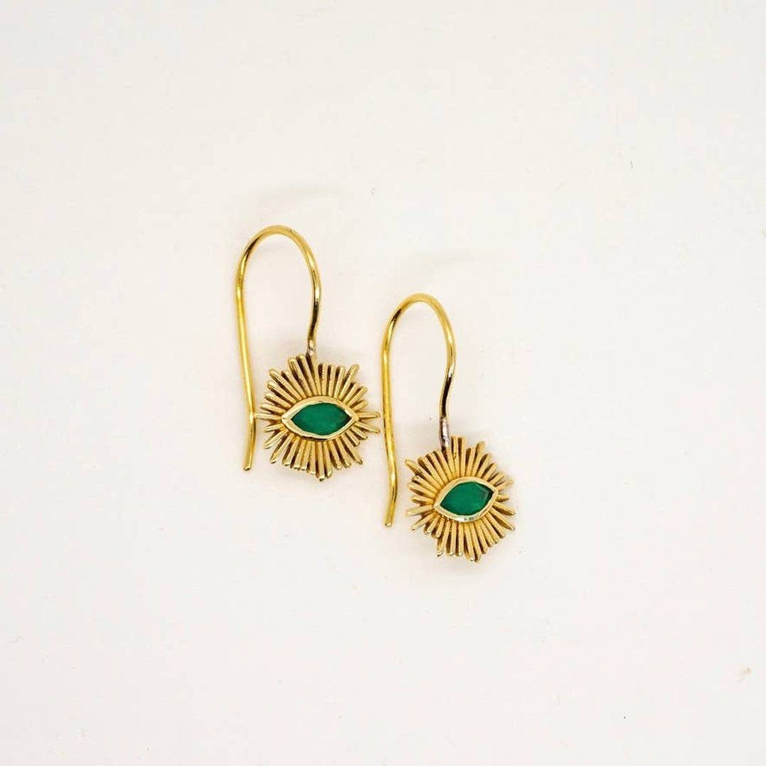 Brass & Green Onyx Evil Eye Sunburst Earrings Baizaar