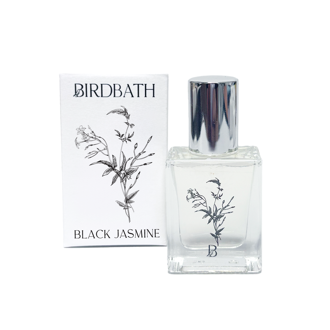 Birdbath Black Jasmine perfume bottle and packaging on a white background