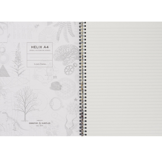 Spiral-bound notebook with white pages and decorative cover on a white background