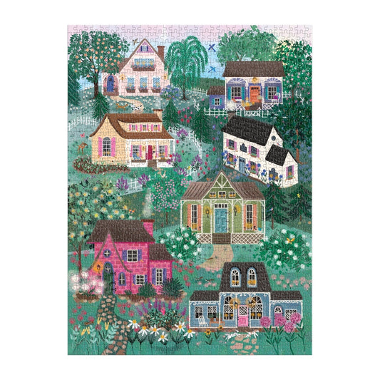 Illustration of colorful houses in a garden setting