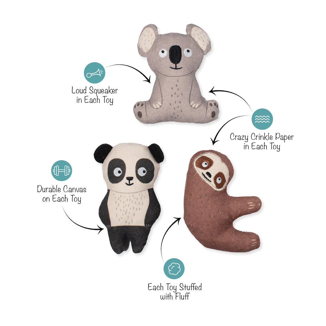 3 mini dog toys with product descriptions on a white background