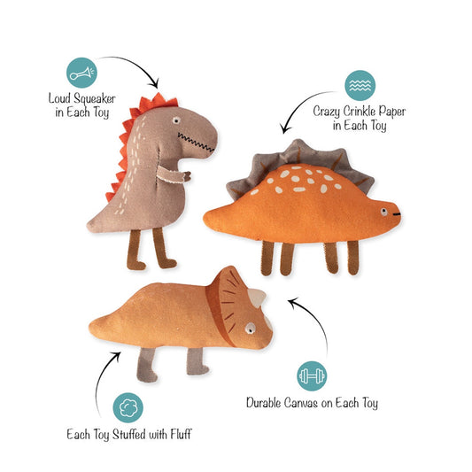 Three dinosaur toys with features highlighted on a white background