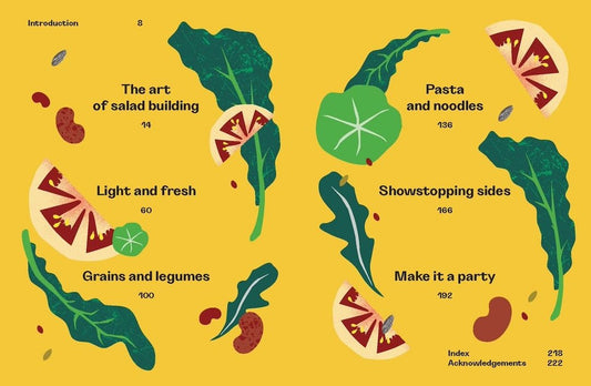 Illustrations of salad ingredients with text on a yellow background
