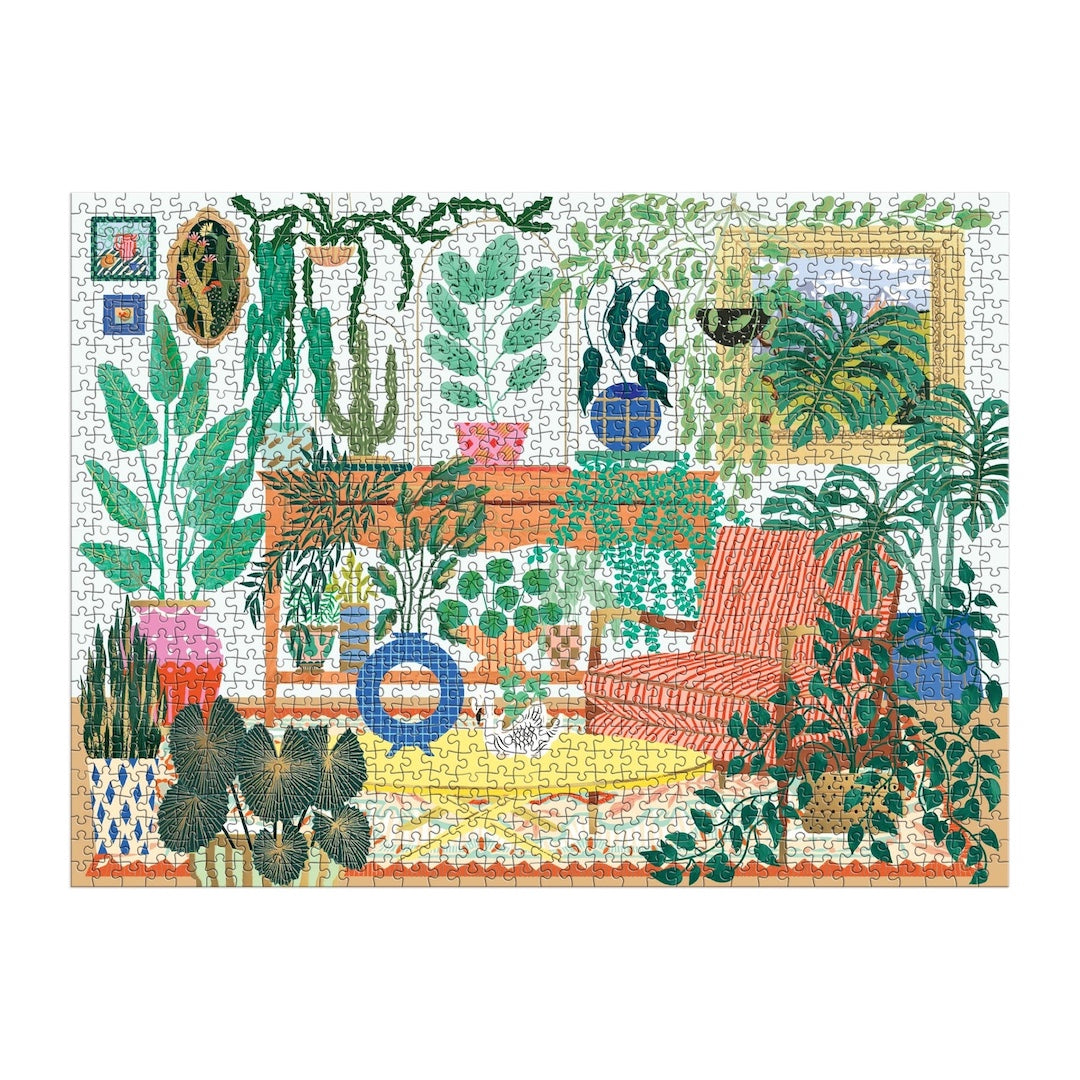 Jigsaw puzzle with a colorful design of plants and furniture on a white background