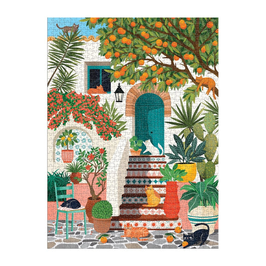 Colorful illustration of a Mediterranean-style garden with cats and plants.
