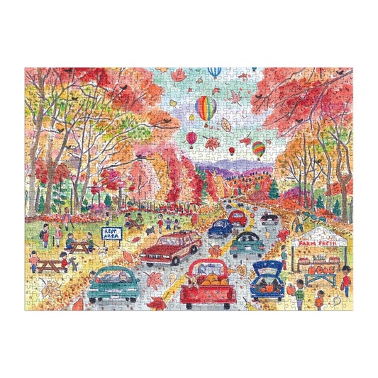 Colorful puzzle with an autumn park scene featuring trees, cars, and people.