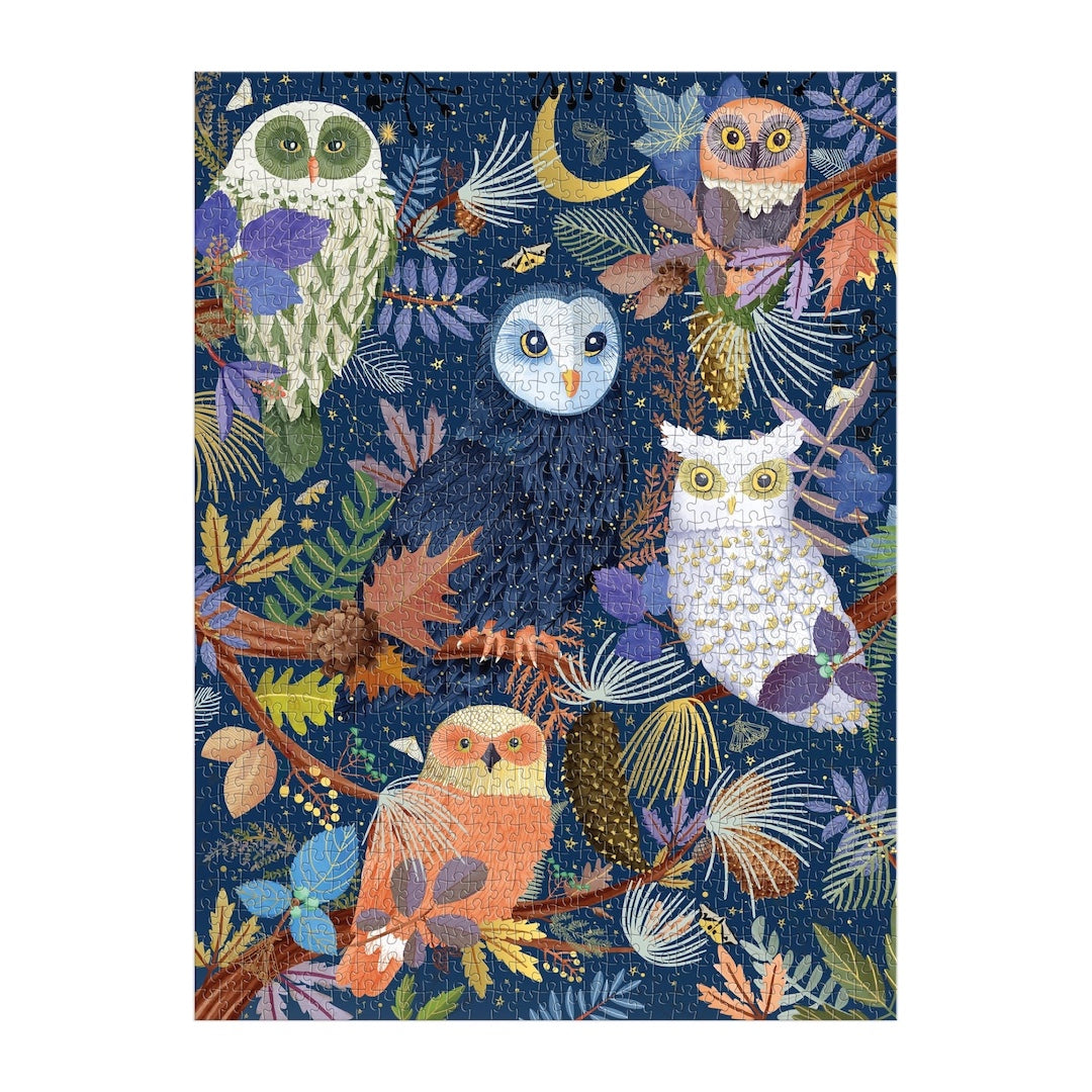 Jigsaw puzzle with owl illustrations on a white background
