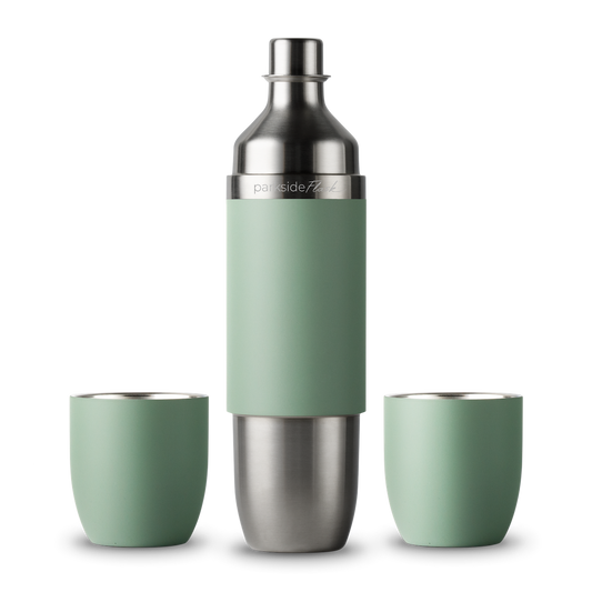 Green and silver flask with two matching cups on a white background