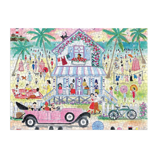 jigsaw puzzle featuring a colorful illustration of a beach house scene with people, palm trees, and vintage cars.
