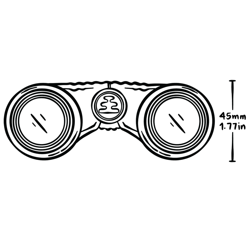 Black and white line drawing of binoculars with measurements on a white background