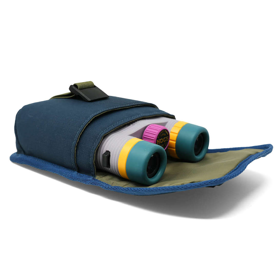 A navy blue binocular pouch holding a pair of binoculars with teal, yellow, white, and pink accents, shown on a clean white background.