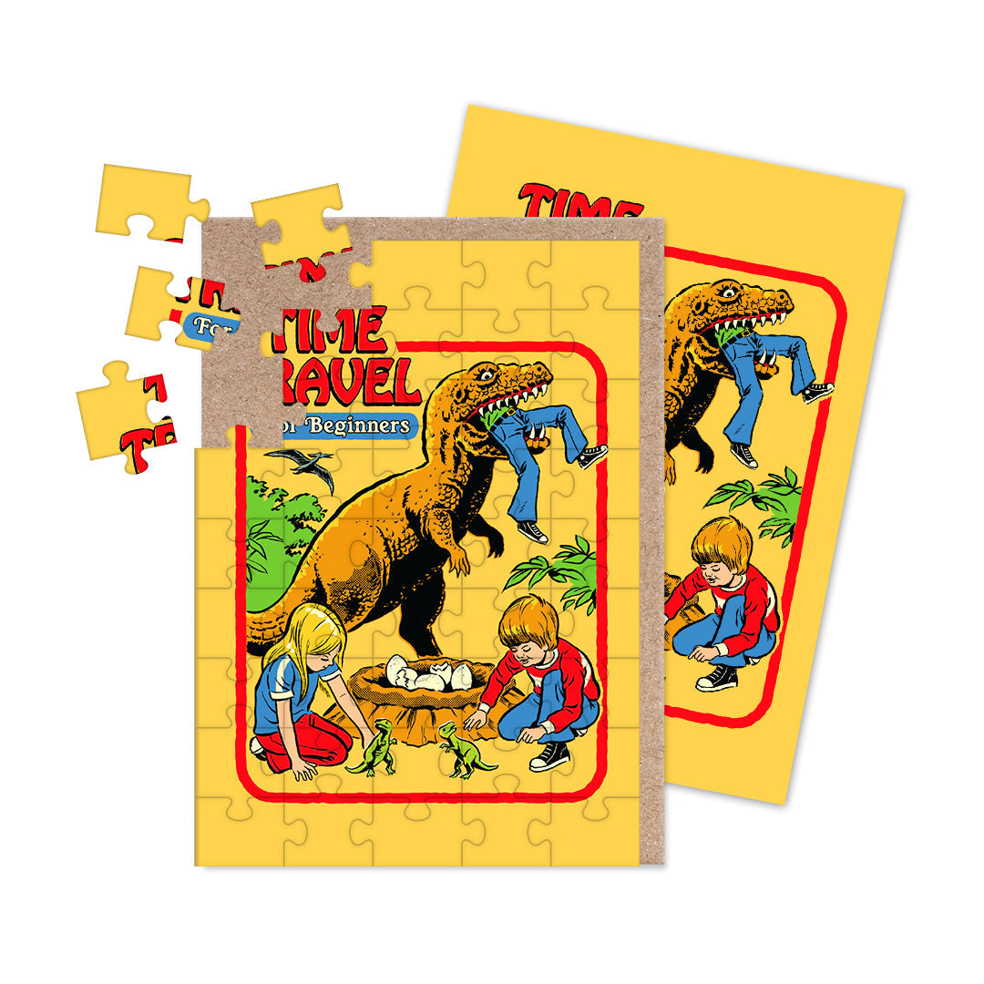 jigsaw puzzle card with a dinosaur eating someone and text that reads "time travel for beginners"