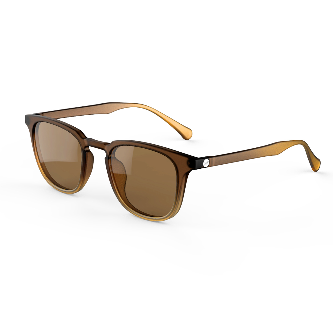 Brown sunglasses with gold accents on a white background