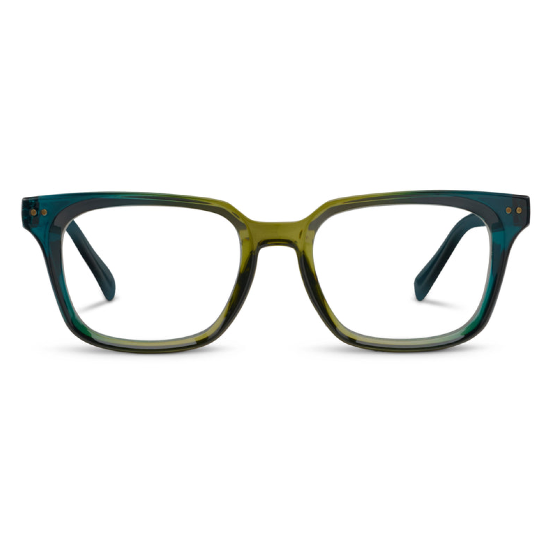 Green and teal reading glasses on a white background