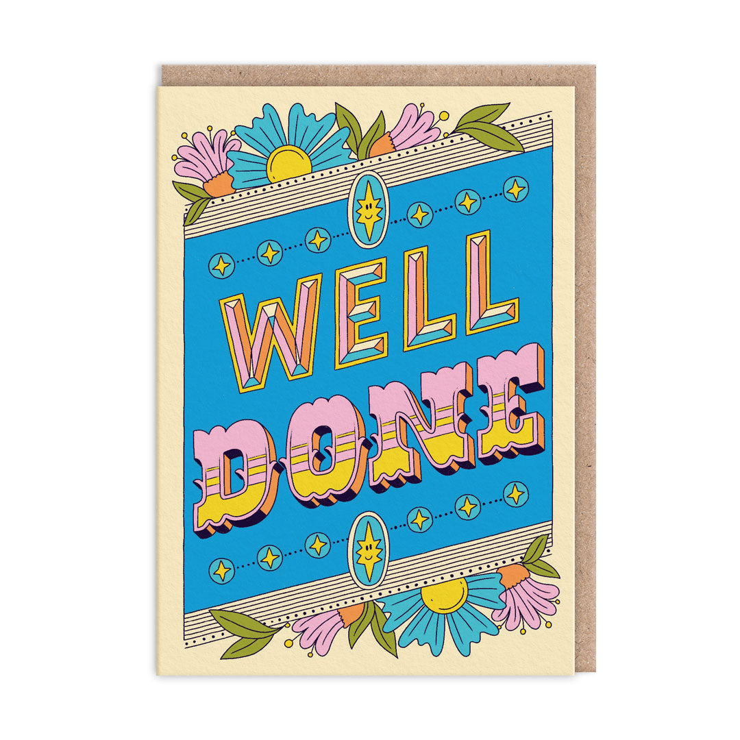 Greeting card with 'Well Done' text on a blue background with floral decorations