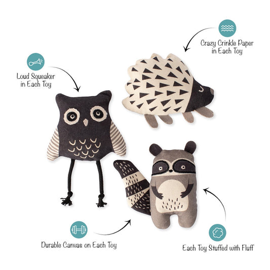 3 mini dog toys, 1 owl, 1 raccoon, and 1 porcupine on a white background with product description bubbles