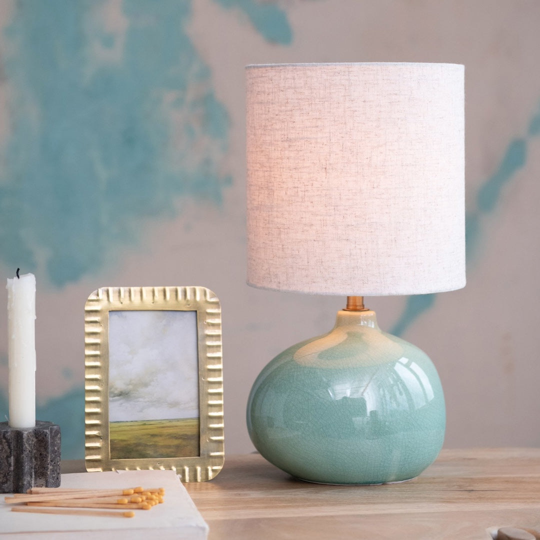 Crackle Glaze Stoneware Table Lamp w/ Linen Shade Bloomingville