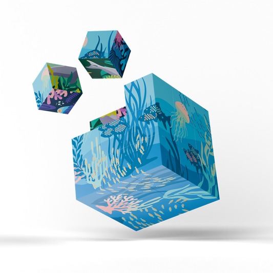 A floating cube-shaped product with a stylized underwater illustration featuring jellyfish, kelp, and fish, shown on a clean white background with a soft shadow underneath.