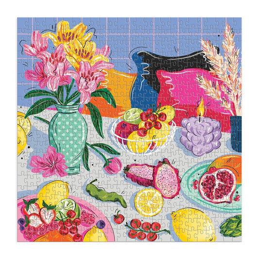 Colorful puzzle with floral, fruit, and vegetable design on a white background