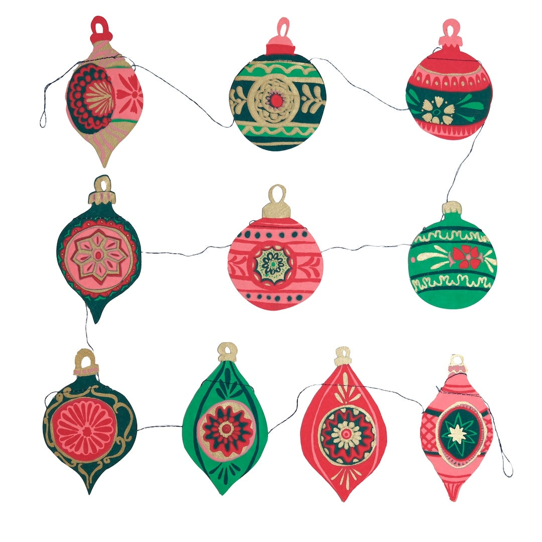 Decorative Christmas ornament garland with red and green patterns on a white background