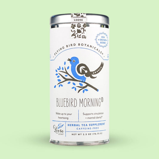 Tea canister labeled 'Bluebird Morning' with branding on a light green background