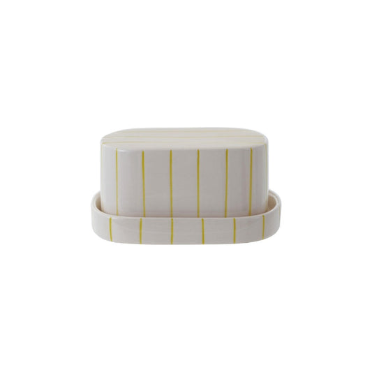 Stoneware Butter Dish with Citron Stripes Creative Co-Op