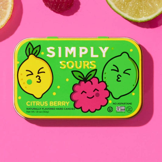 Tin of 'Simply Sours' citrus berry hard candies on a pink background with lemon, raspberry, and lime illustrations.