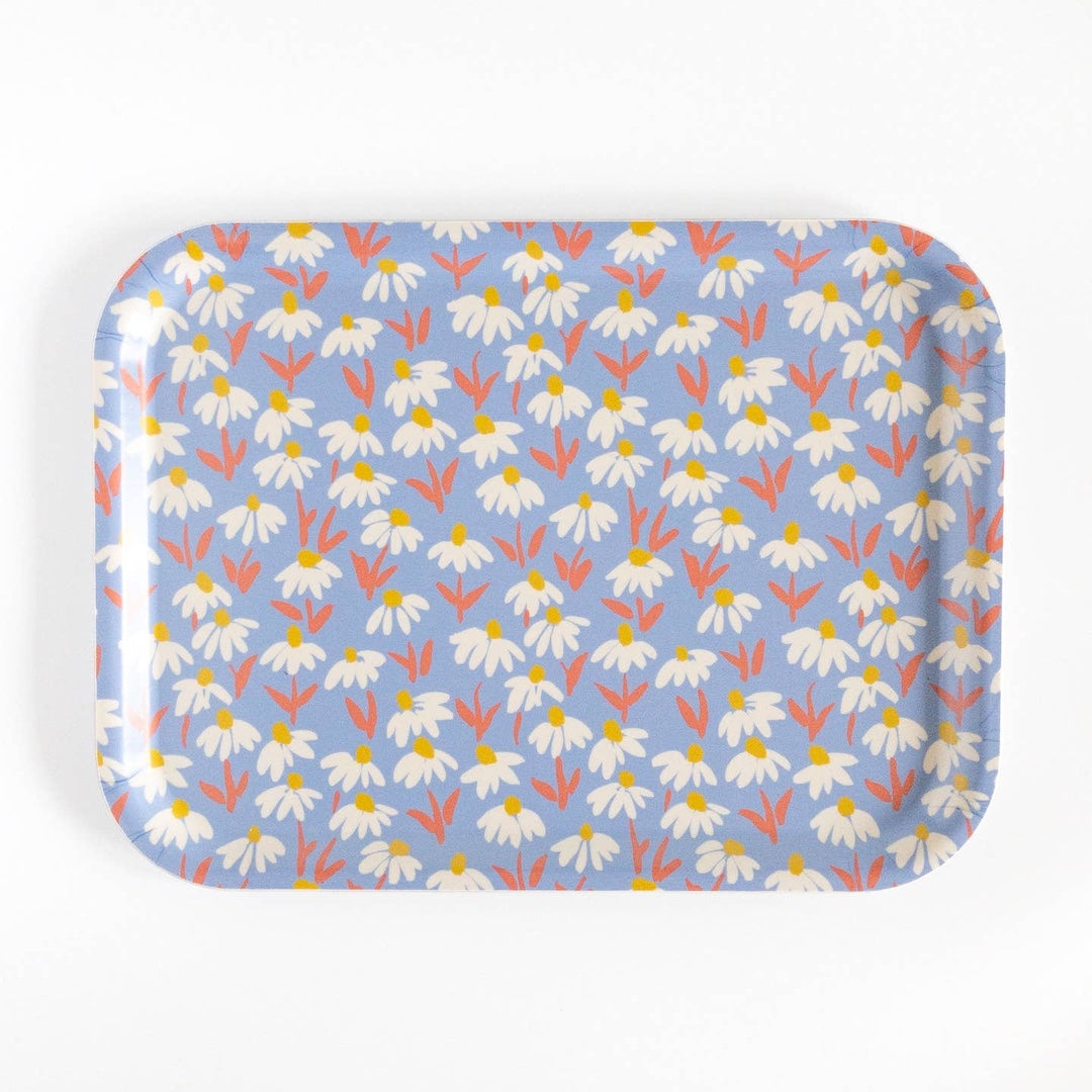 Rectangular tray with floral pattern on a blue background