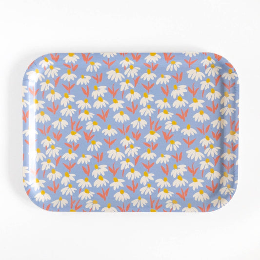 Rectangular tray with floral pattern on a blue background