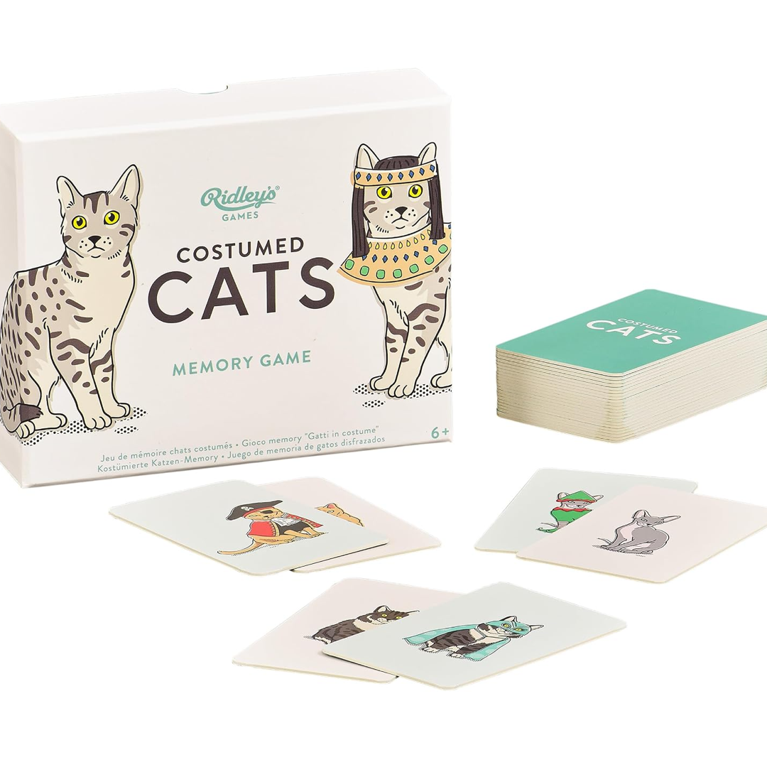 Ridley's Games Costumed Cats Memory Game shown with its illustrated box, a stack of cards, and several sample cards on a clean white background.