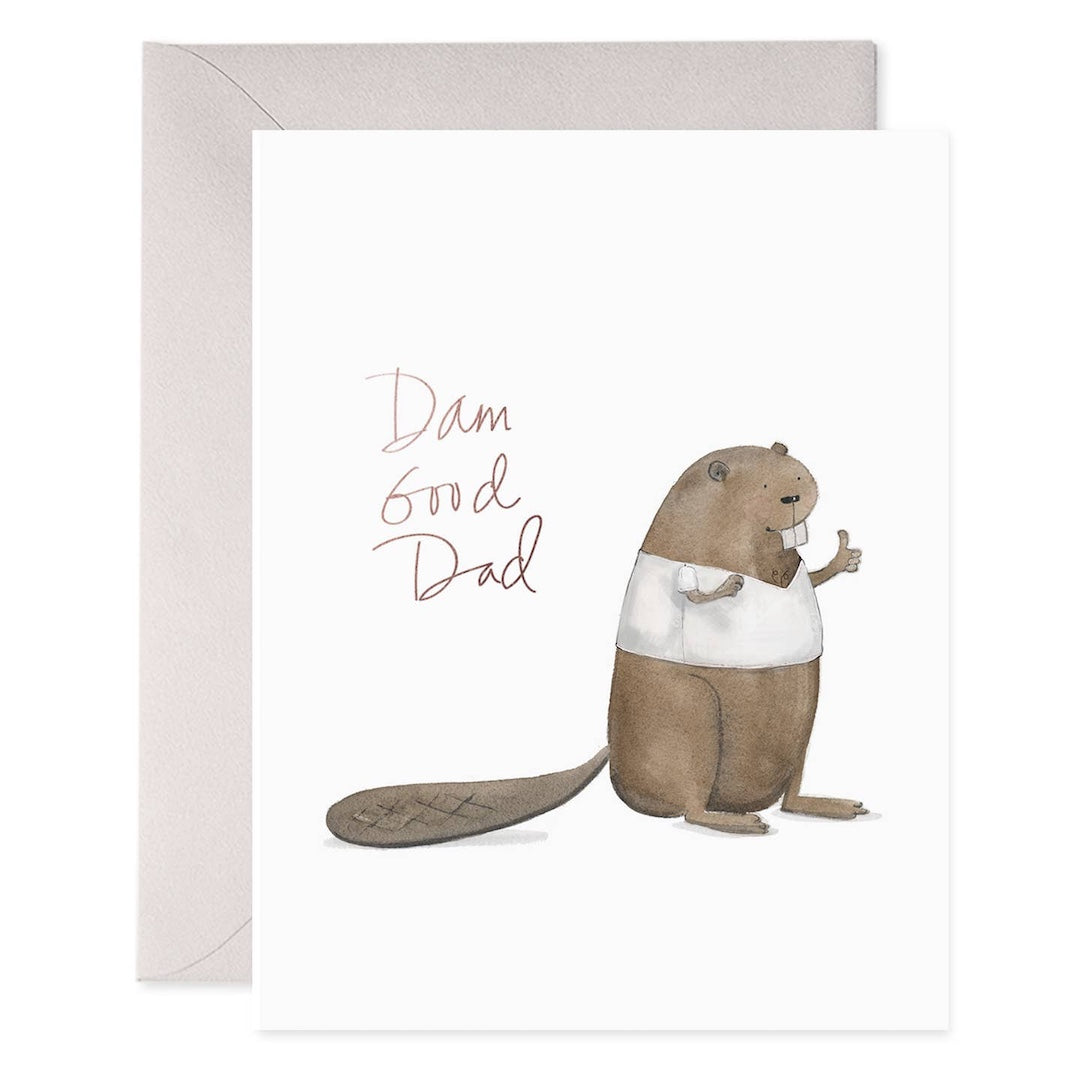 Card with a beaver illustration and 'Dam Good Dad' text on a white background