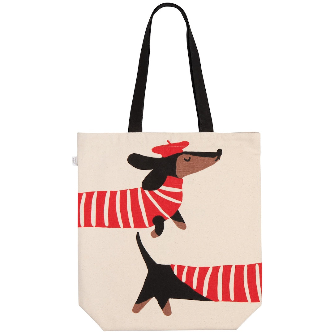 Tote bag with dachshund design on a beige background