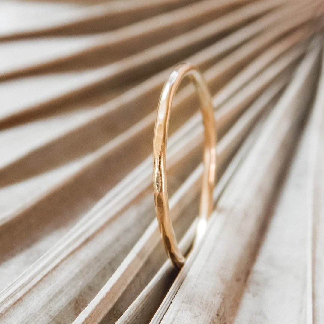 Gold Thin Hammered Band Ring Barberry & Lace
