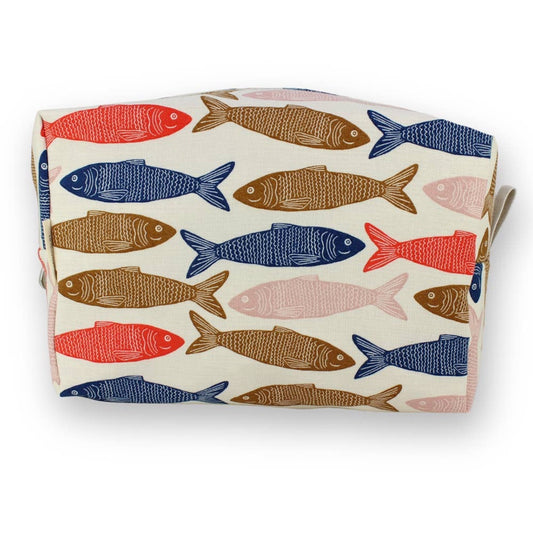 White pouch with a colorful fish pattern on a white background