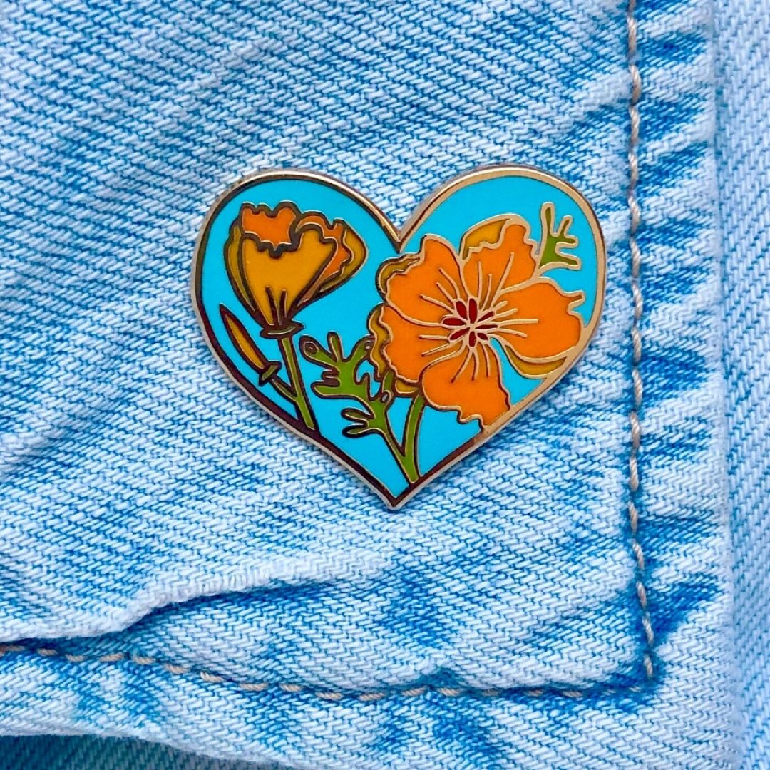 California Poppy Heart Enamel Pin Brenna Daugherty Illustration