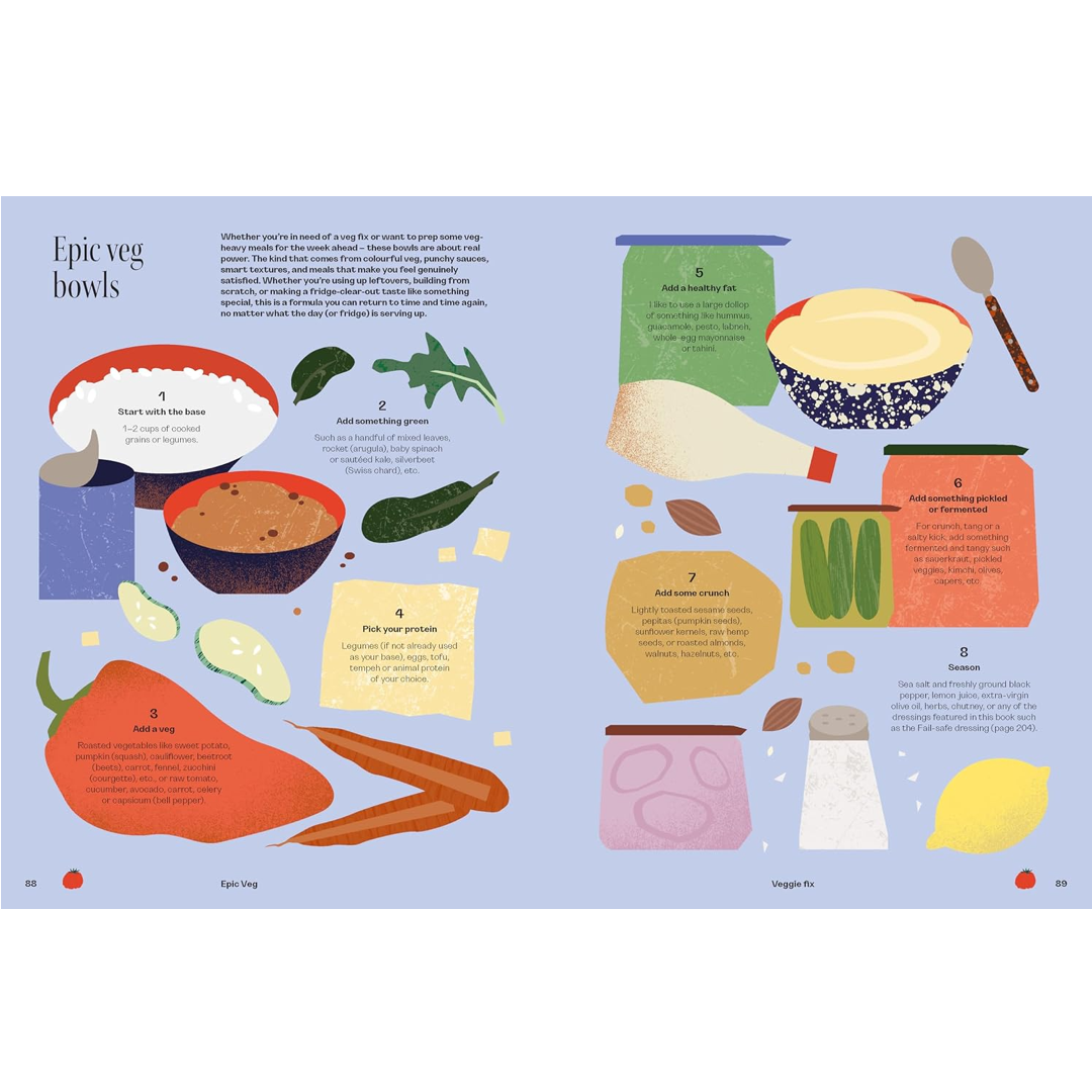 An open book spread showing illustrated recipe pages for veggie bowls, with step-by-step instructions, ingredient callouts, and colorful food illustrations on a pale blue background.