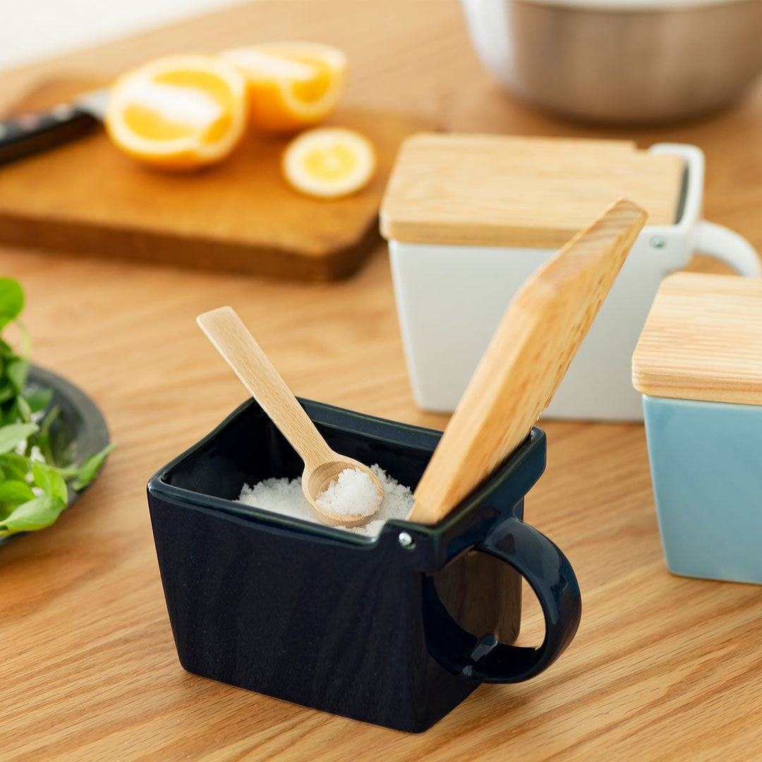 Ceramic Salt Box With Wooden Lid Zero Japan