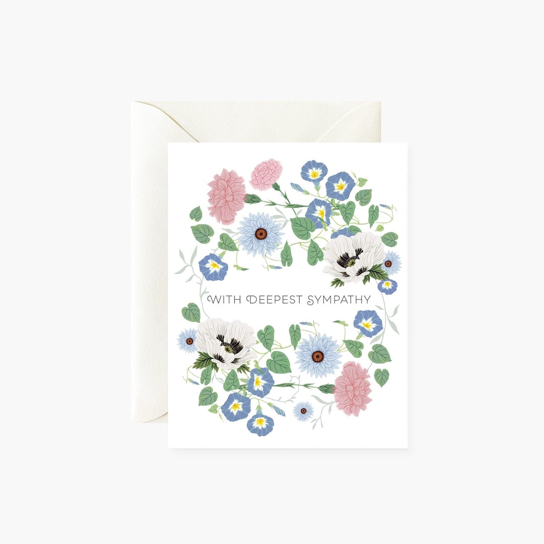 Sympathy card with floral design and 'With Deepest Sympathy' text on a white background