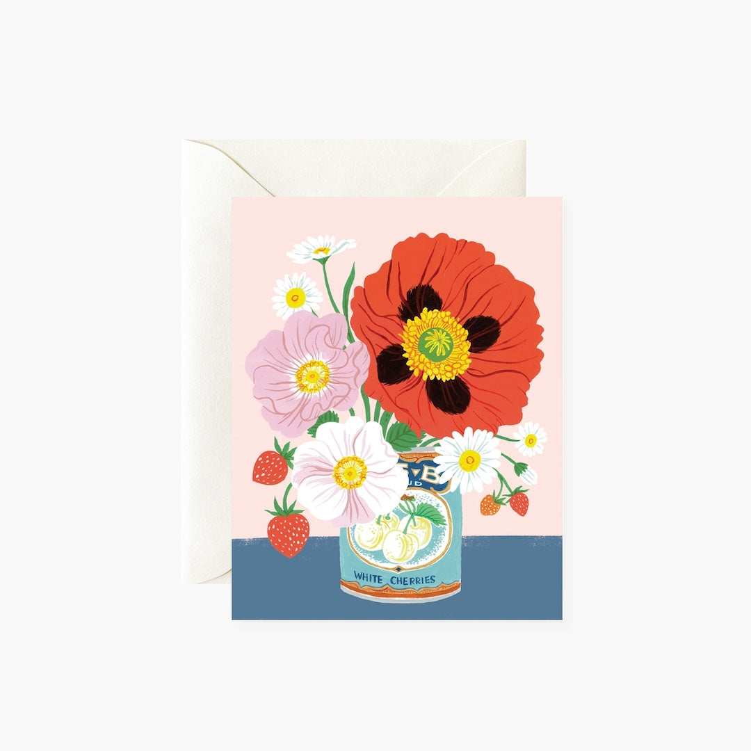 Card with colorful with a bouquet of colorful flowers in a tin