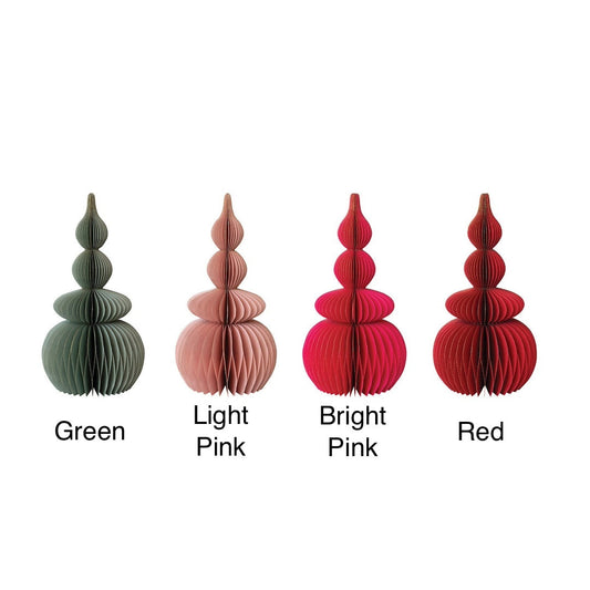 Four paper trees in green, light pink, bright pink, and red on a white background.