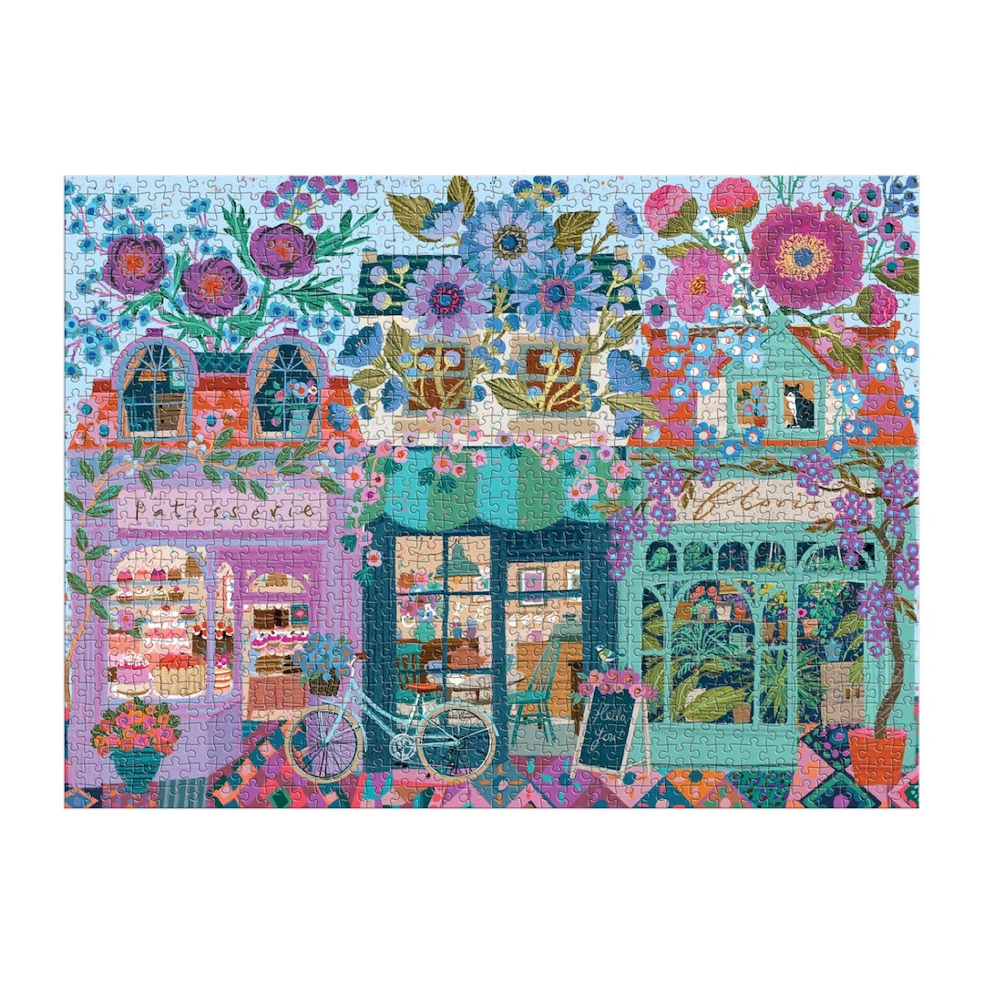 Colorful puzzle with a floral and store design on a white background