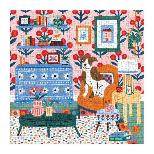 Colorful puzzle with a dog on an armchair in a room setting