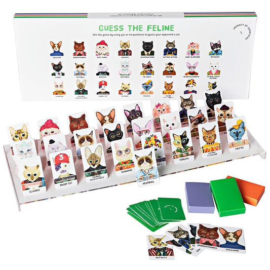 Guess the Feline card game with cards and packaging on a white background