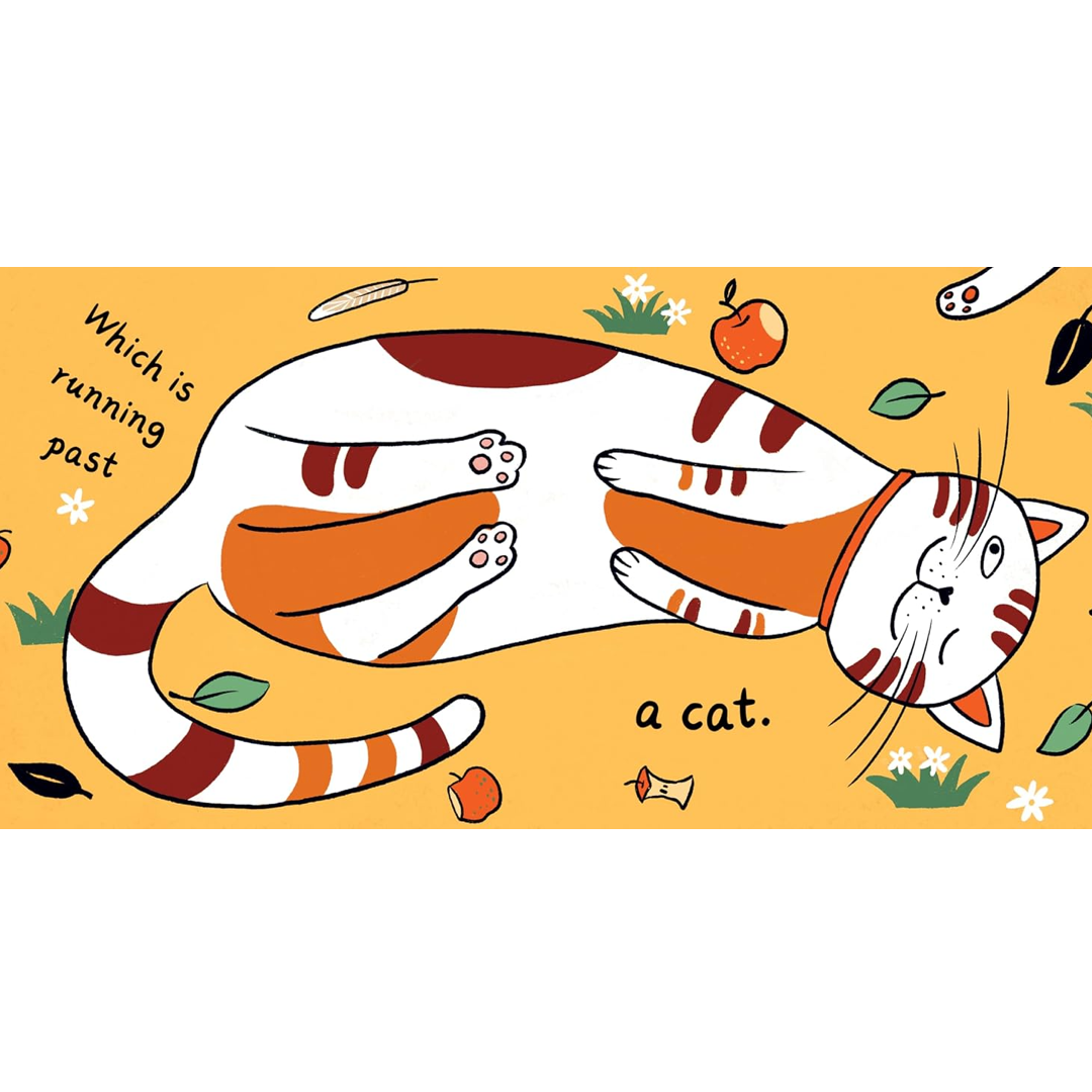 Illustration of a cat running past on a yellow background with text