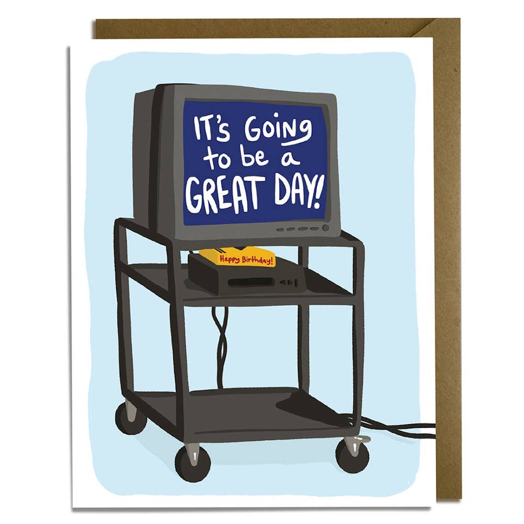 Card with a vintage TV and 'It's going to be a great day!' message on a light blue background