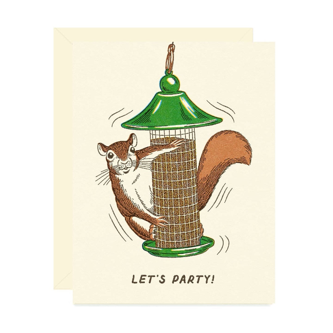 Greeting card with an illustration of a squirrel on a bird feeder with 'Let's Party!' text on a beige background