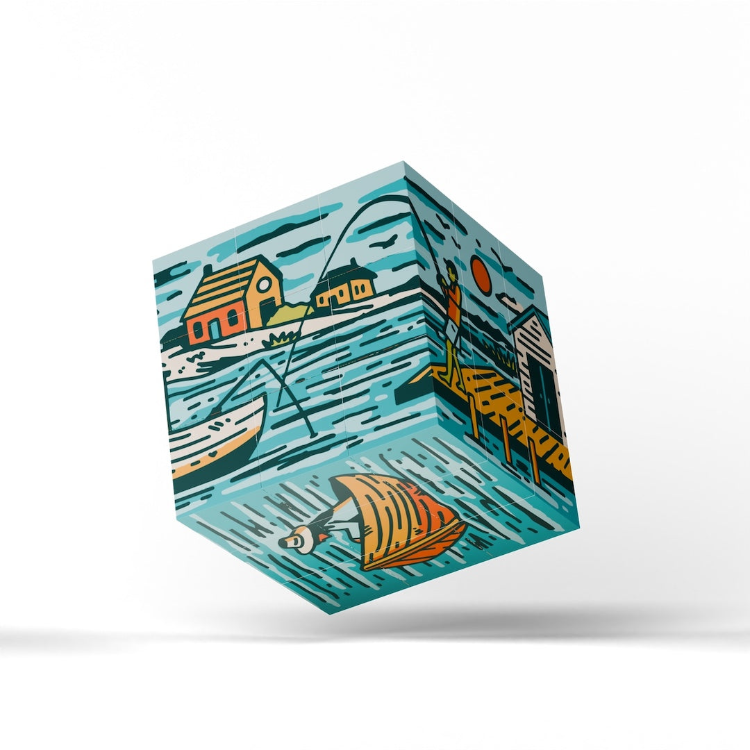A floating cube-shaped art print or decorative block featuring a stylized coastal scene with blue water, a house, boats, and a dock, shown on a clean white background with a soft shadow underneath.